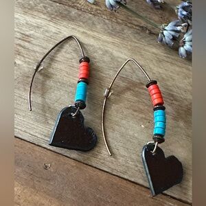 Dangle Copper Heart Earrings with Turquoise Beads